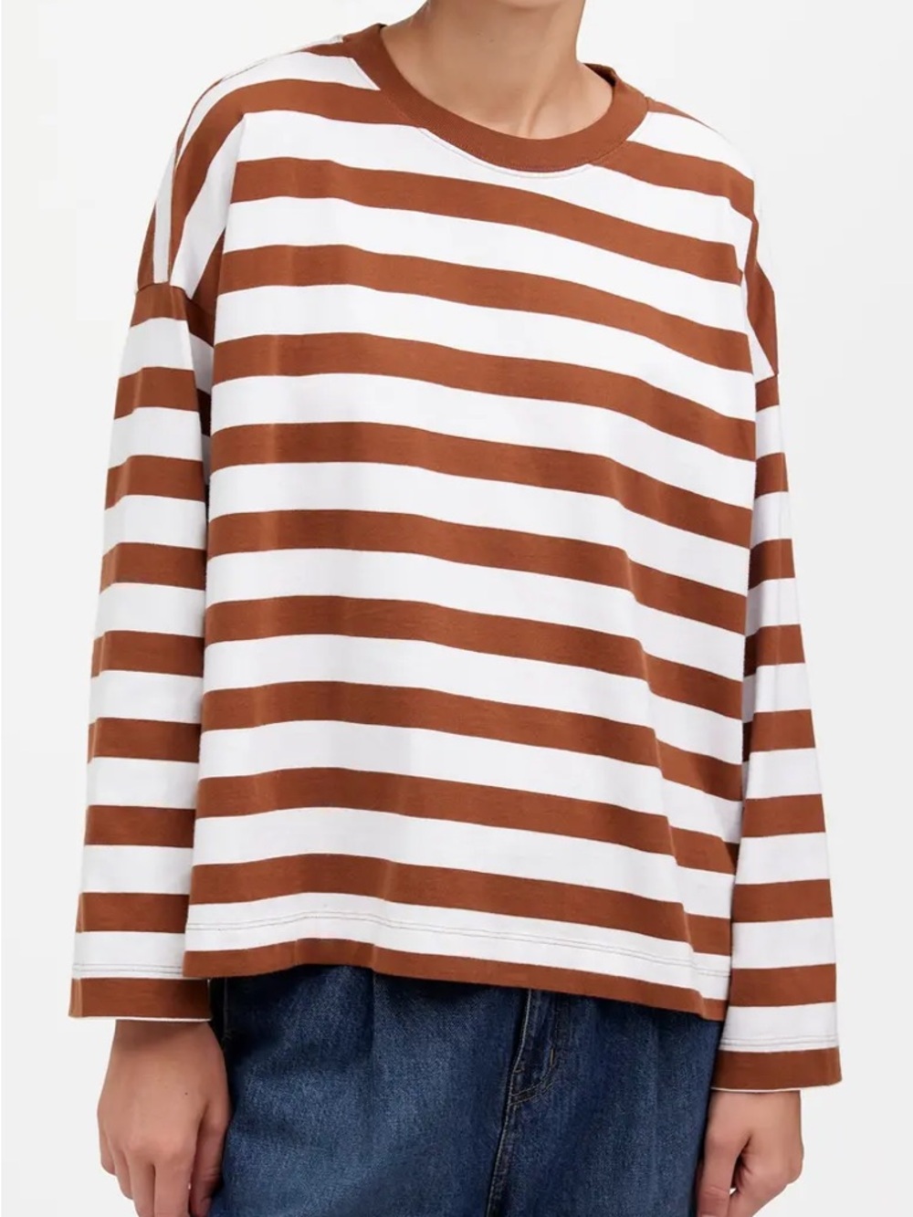 Madewell Brown & White Stripe Oversize Long Sleeve Crewneck T-Shirt - OBO